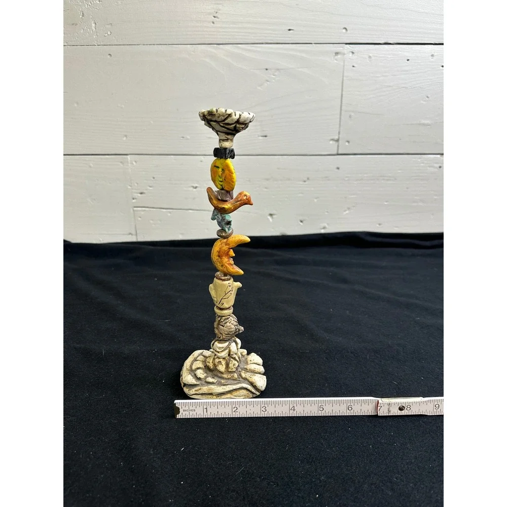 Ceramic Totem Candlestick Holder Sun Moon Bird Fish Folk Art Pottery 10in